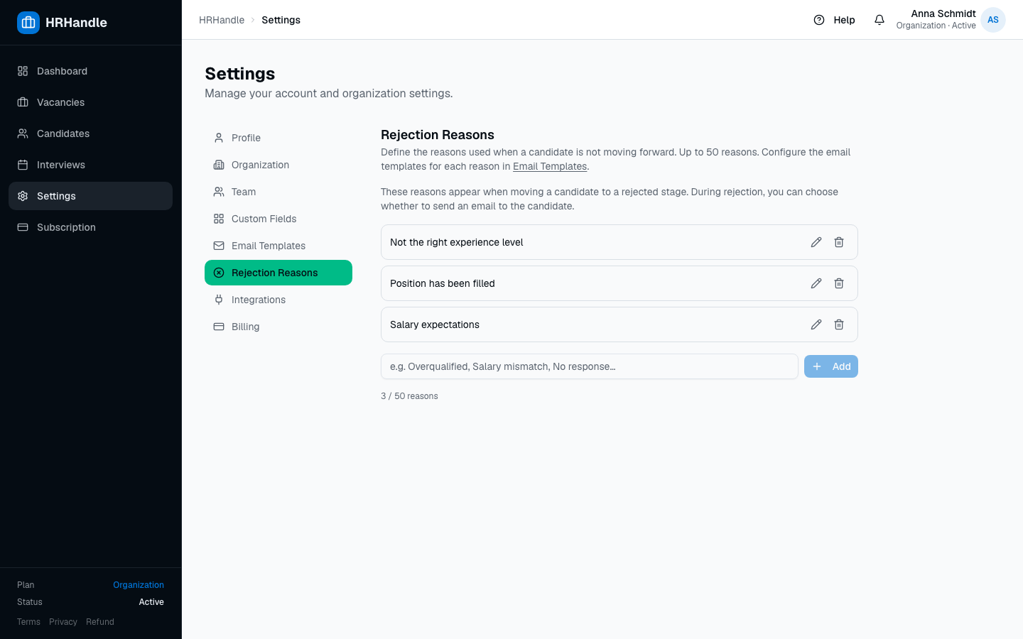 The Rejection Reasons settings page listing the configured reasons for the organization