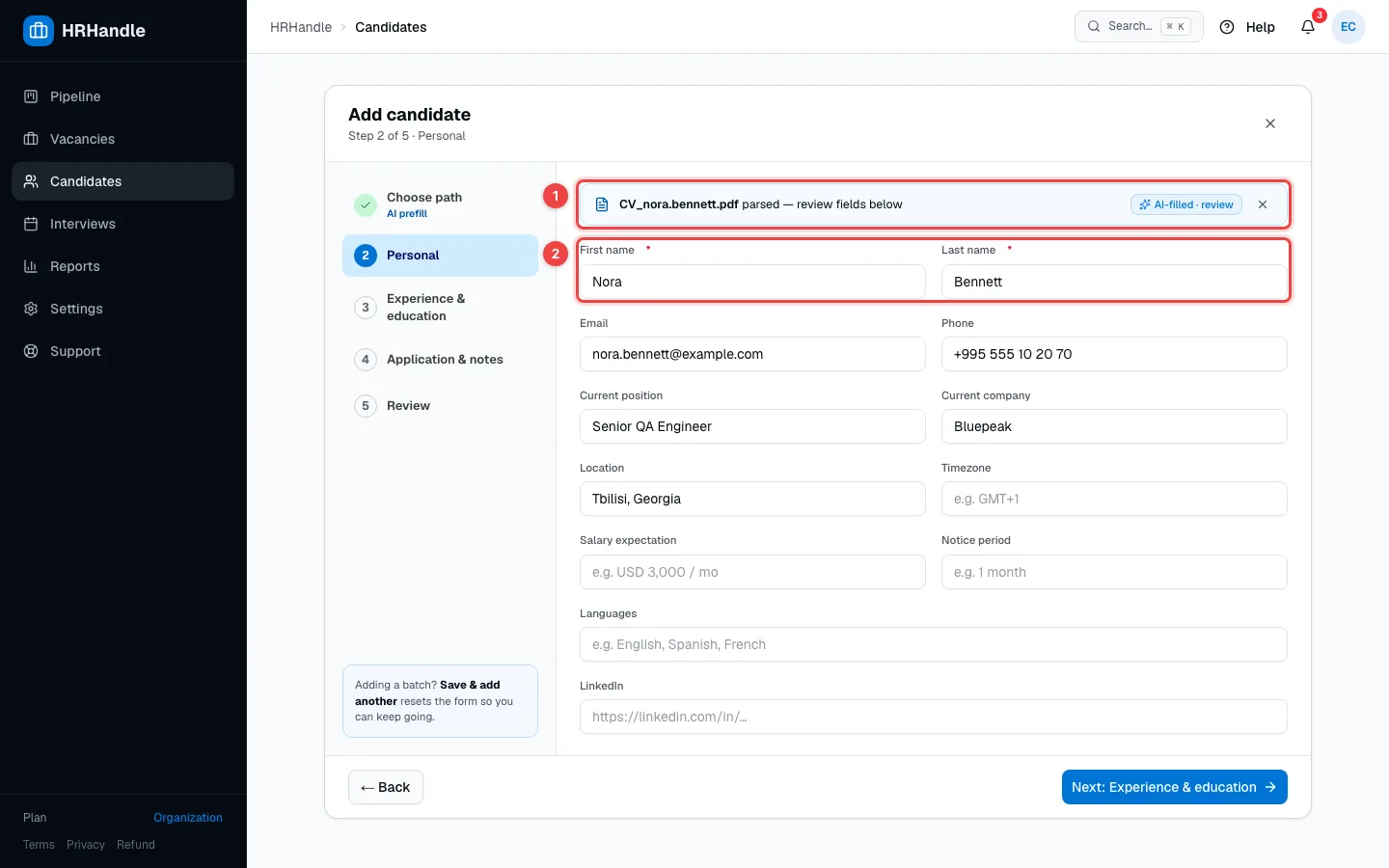 The Personal step with the uploaded CV and the fields the AI filled in