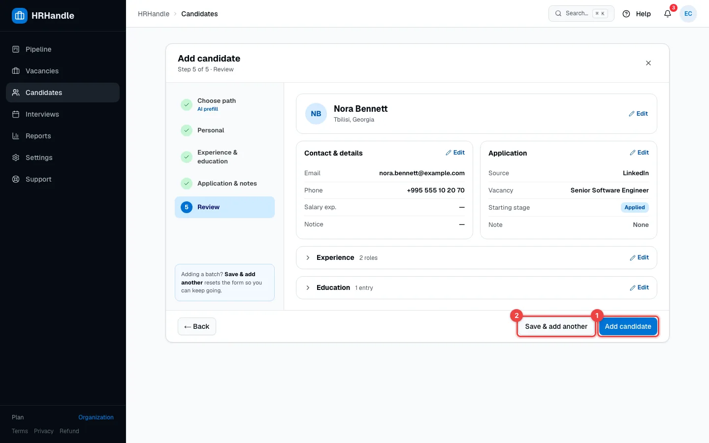 The Review step summarizing the new candidate, with the Add candidate and Save & add another buttons