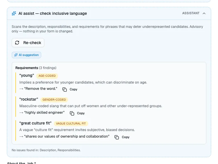 The inclusive-language check with three findings in the requirements