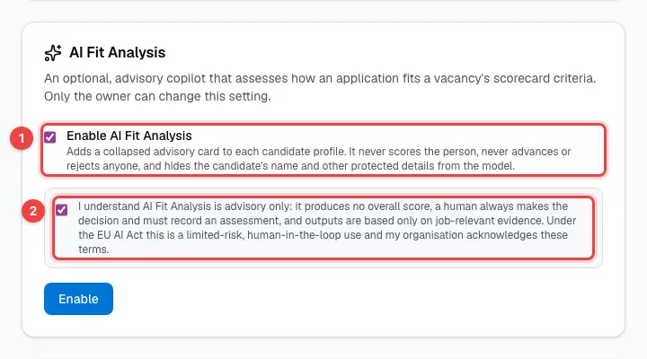 The AI Fit Analysis setting with the enable box and the acknowledgement ticked