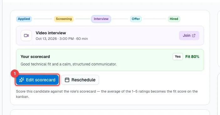 The stage card at the interview stage with the Edit scorecard button highlighted