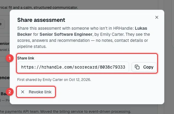 The Share assessment window with the share link, the Copy button and Revoke link highlighted