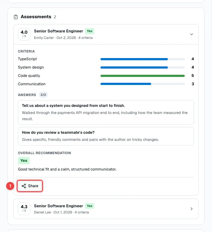 An opened assessment with the Share button highlighted