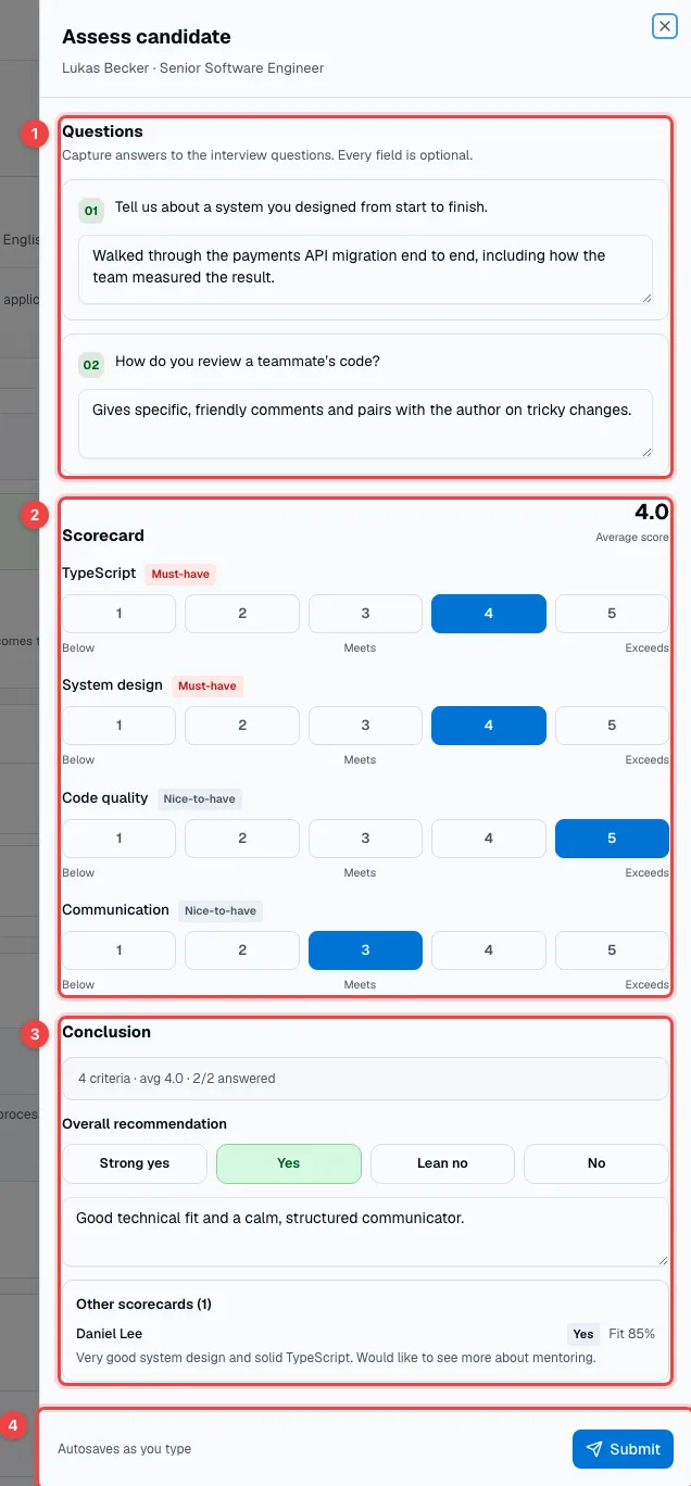 The assessment with the questions, the scorecard ratings, the conclusion and the Submit button highlighted