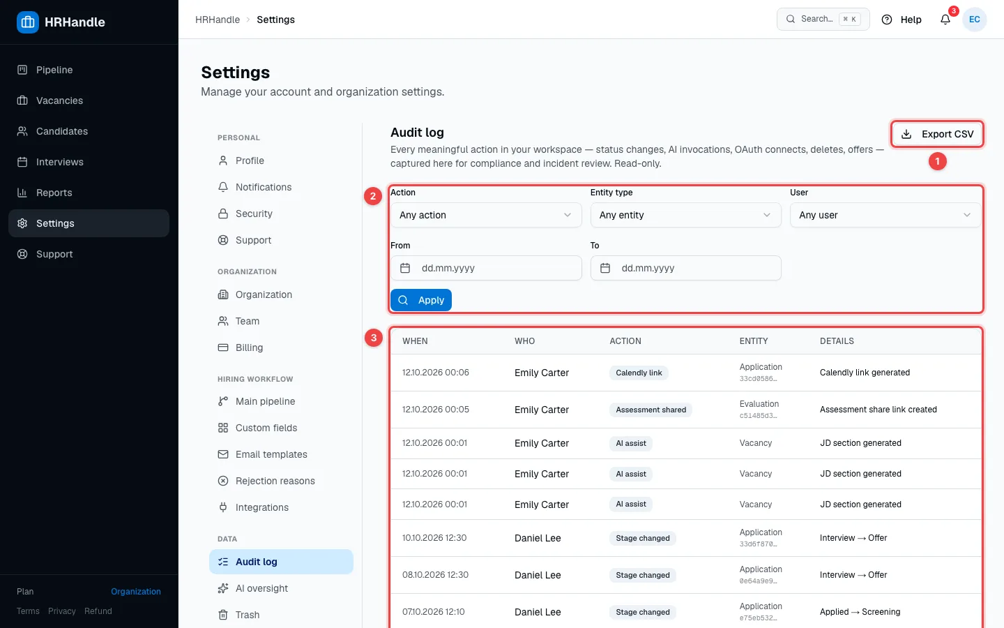 The Audit log with the Export CSV button, the filters and the list of events highlighted