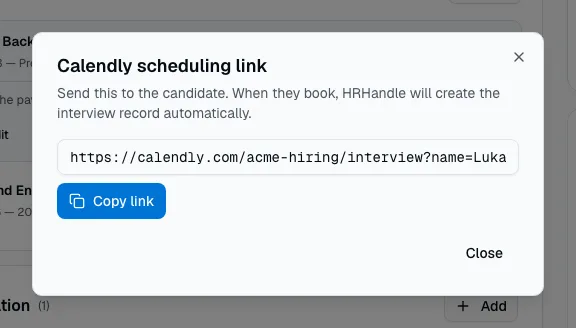The Calendly scheduling link window with the link and the Copy link button