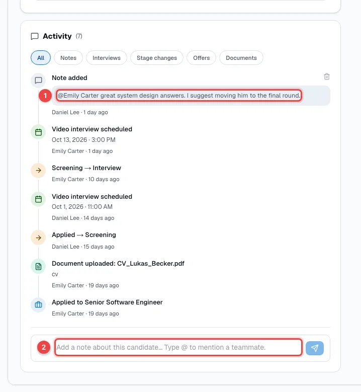 The Activity feed with a note that mentions a teammate and the note box at the bottom