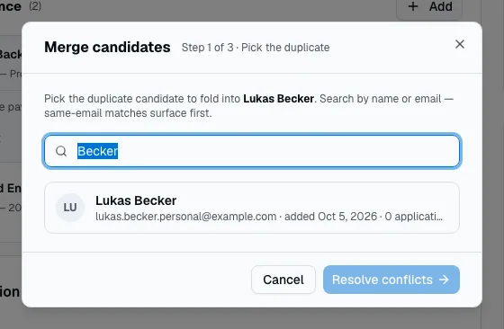 The Merge candidates dialog with the duplicate profile found by name