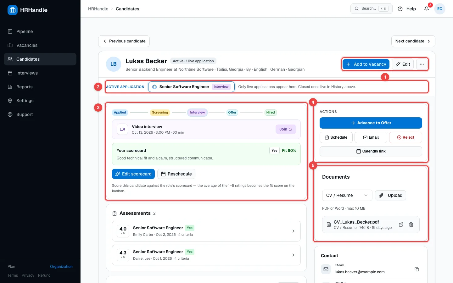 A candidate profile with the header actions, active application, stage card, Actions and Documents highlighted