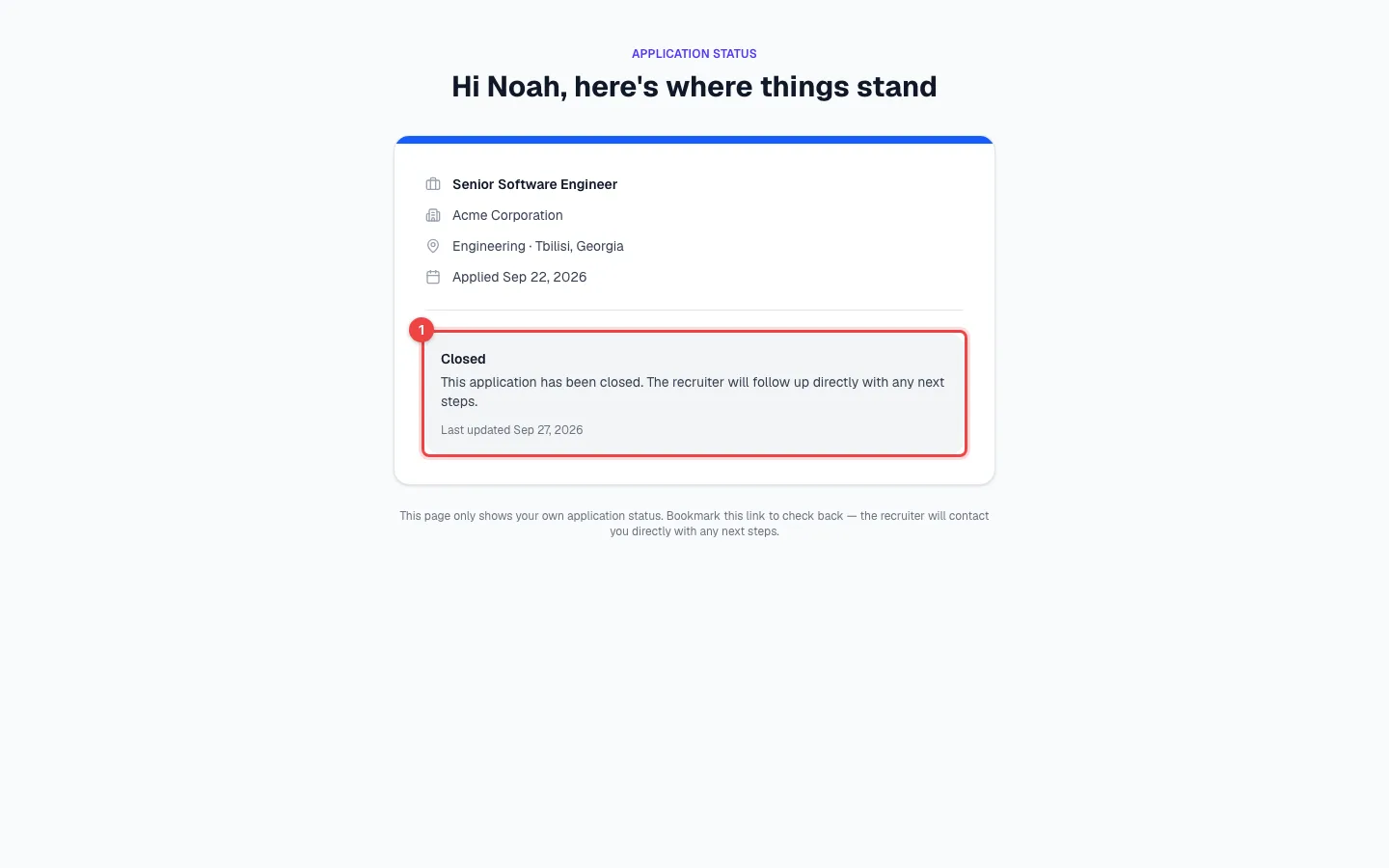 The status page of a rejected candidate showing Closed