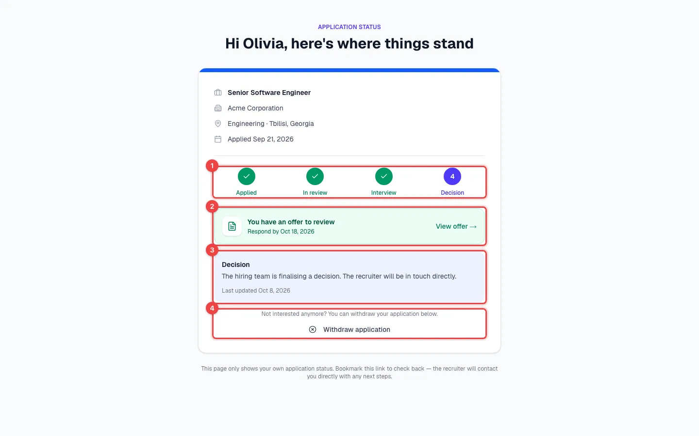 A candidate's status page with the progress steps, an offer to review, the current status and the withdraw option highlighted