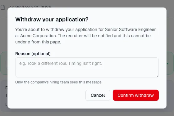 The dialog for withdrawing an application, with an optional reason