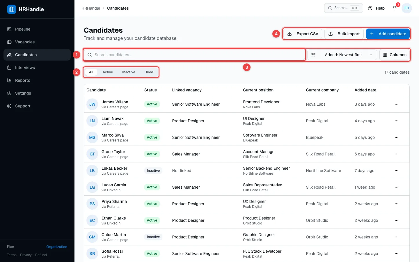The Candidates list with the search box, status tabs, sort and columns, and the export and import buttons highlighted