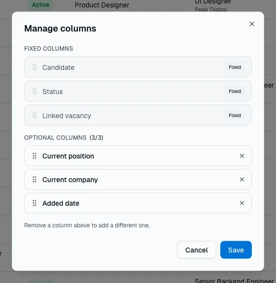 The column settings window with columns that can be turned on or off