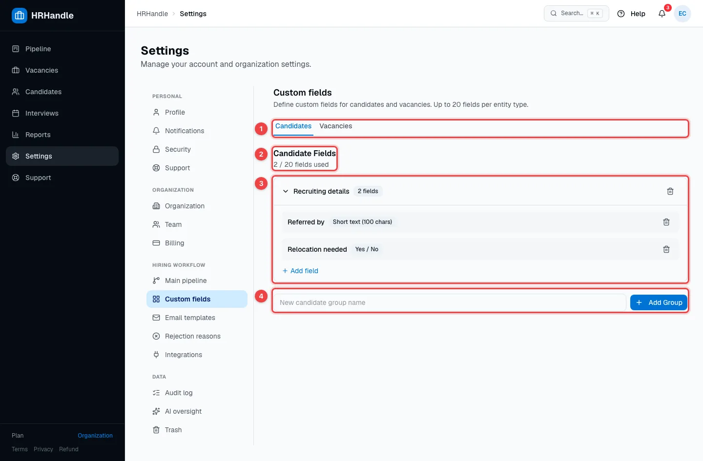 The Custom fields settings with the Candidates and Vacancies tabs, the field count, a group of fields and the Add Group button highlighted