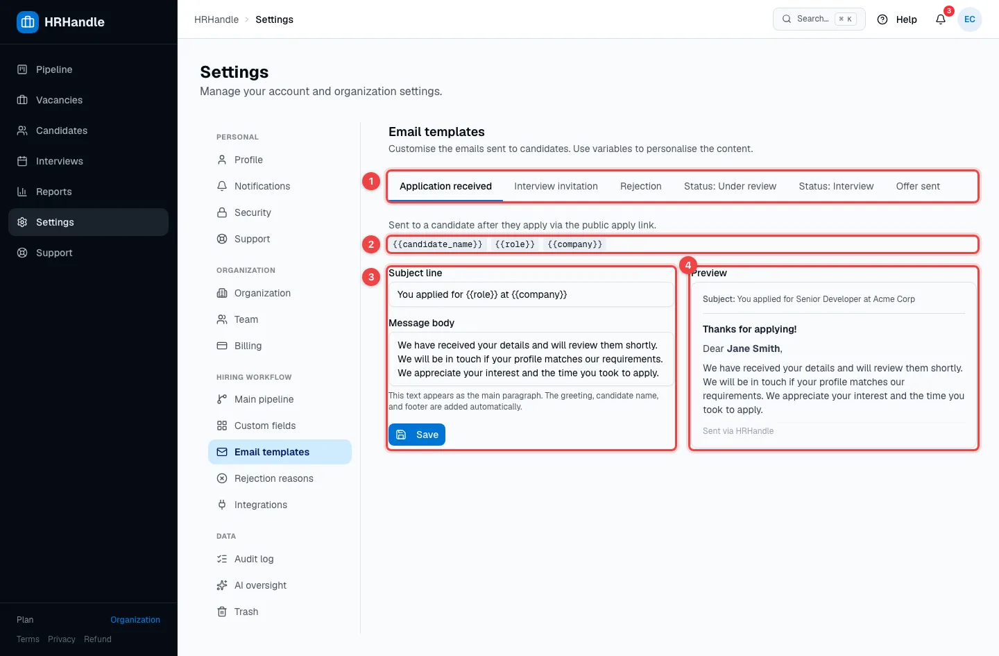 The Email templates settings with the email tabs, the placeholders, the editor and the preview highlighted