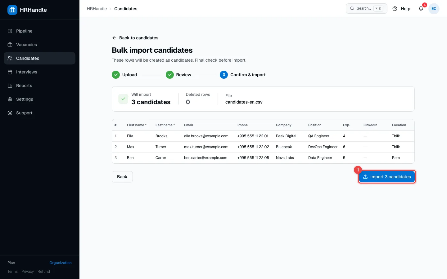 The confirmation step with the Import 3 candidates button