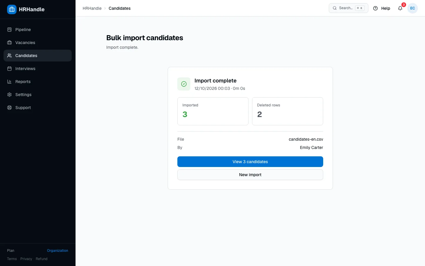 The finished import with 3 candidates imported and 2 rows deleted