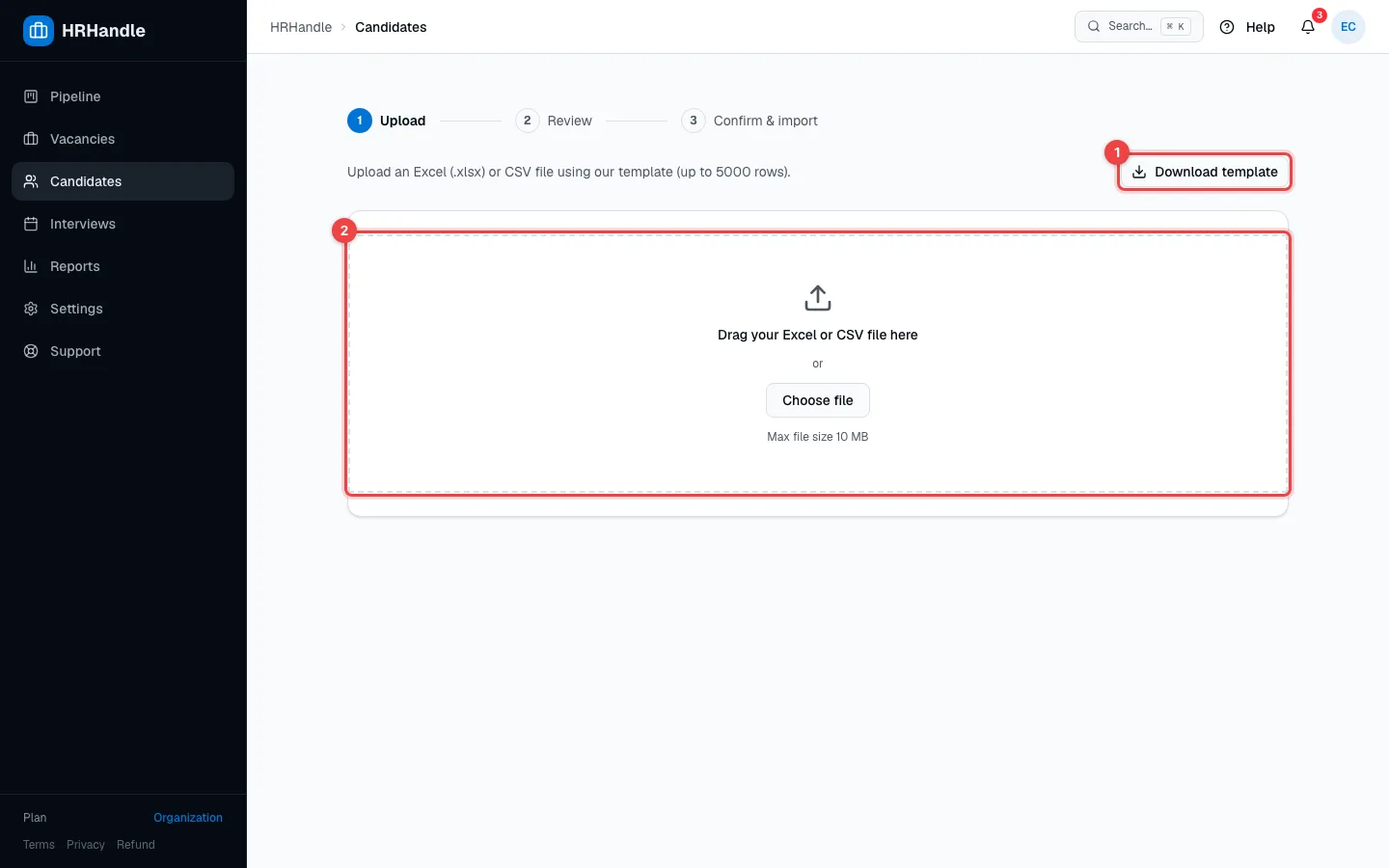 The first step of Bulk import candidates with Download template and the file upload area highlighted