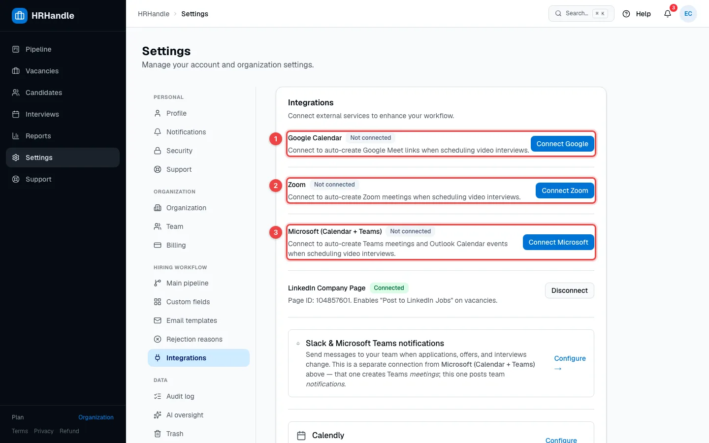 The Integrations settings with the Google Calendar, Zoom and Microsoft connections highlighted