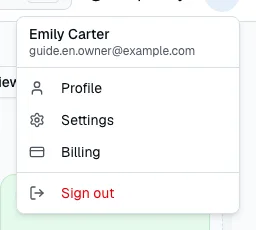 The account menu with Profile, Settings, Billing and Sign out