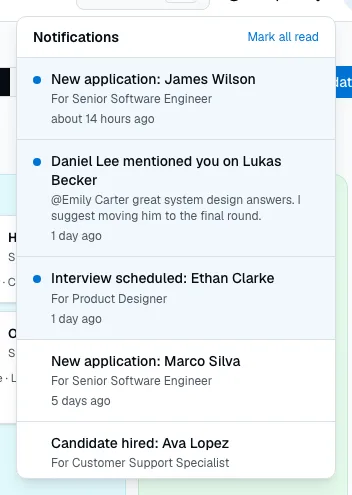The notifications panel with new applications, a mention and a scheduled interview