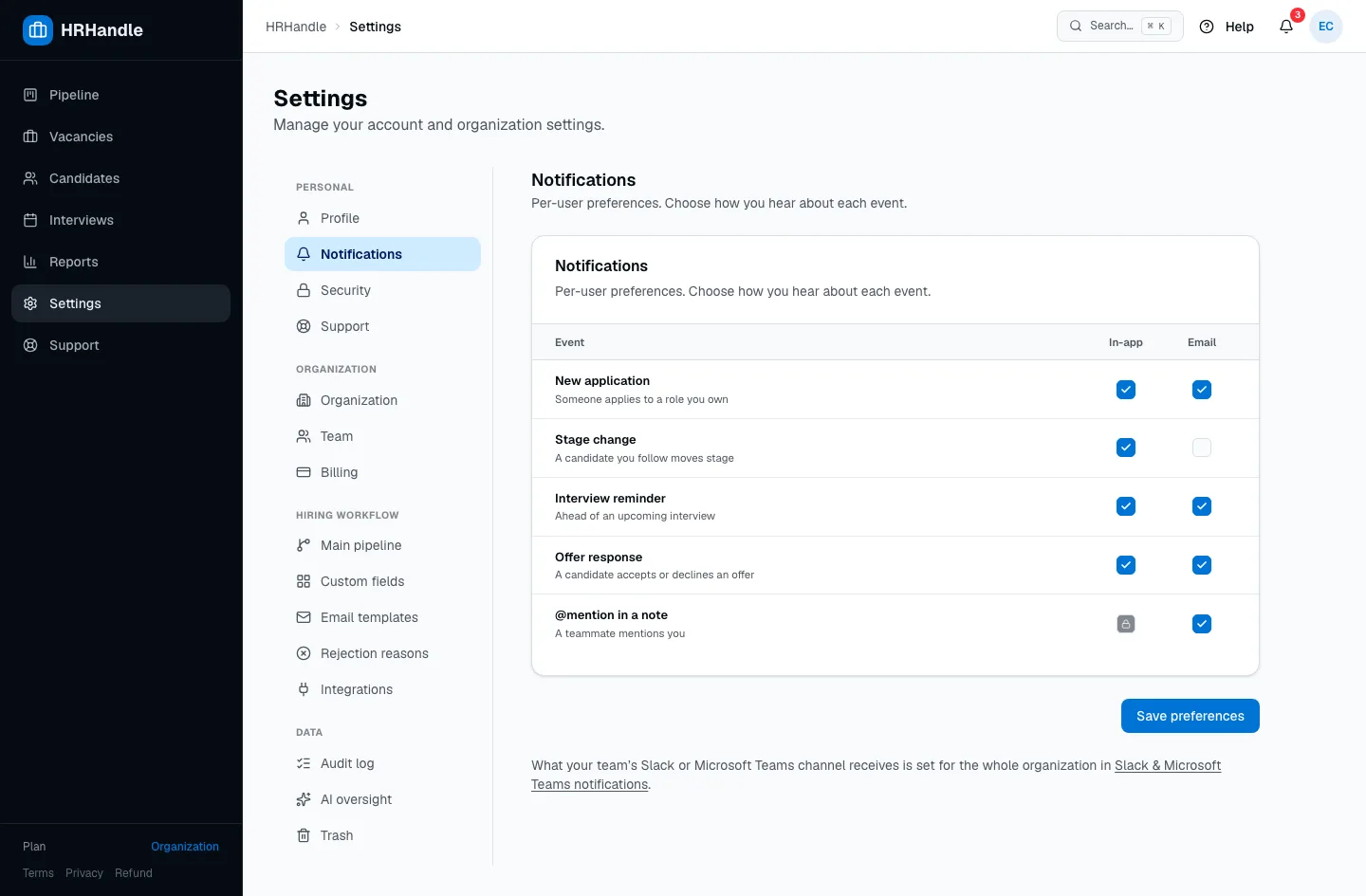 The notification settings table with In-app, Email and Slack columns for each event