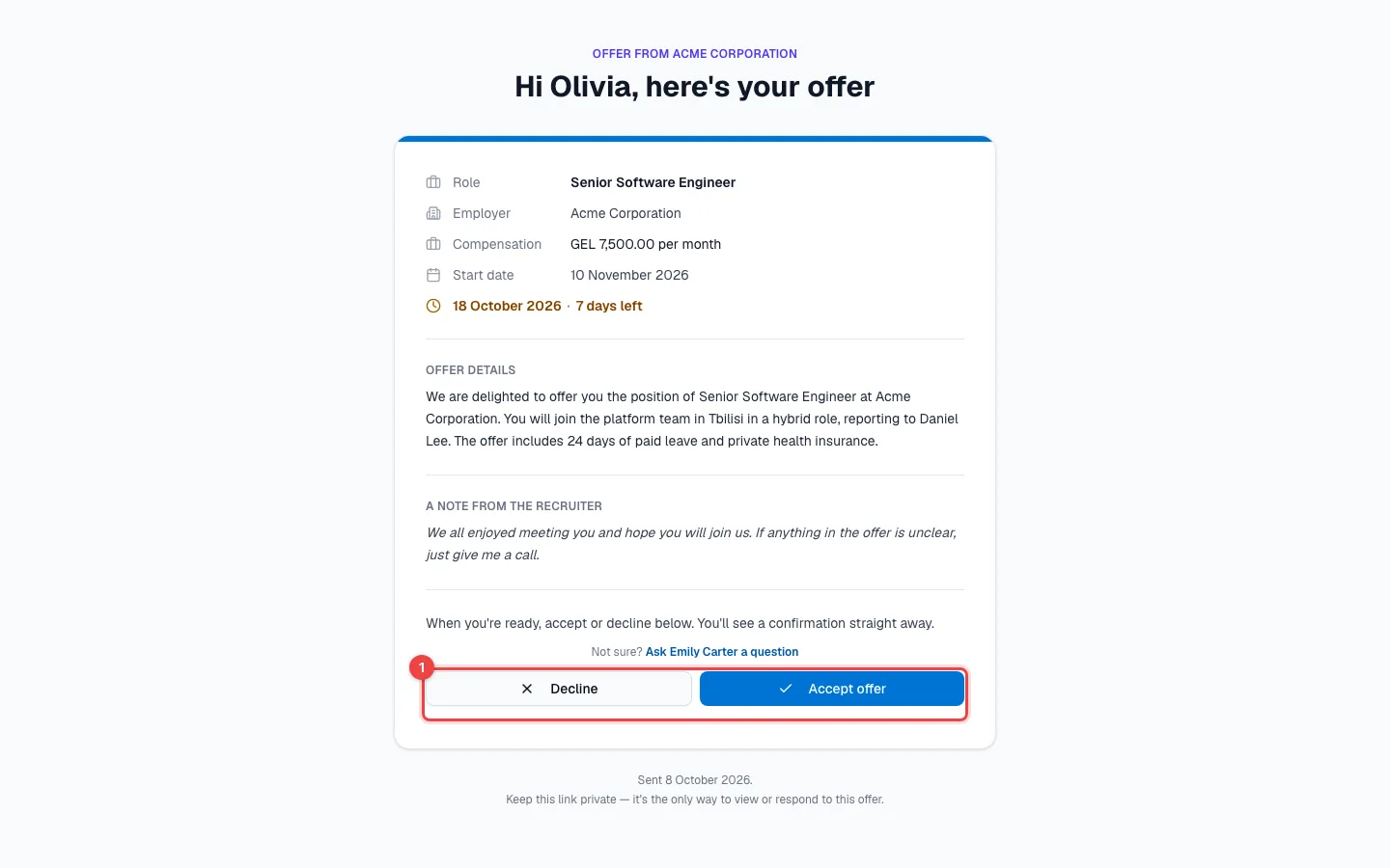 The candidate's offer page with the role, compensation, dates, offer details, the recruiter's note and the Decline and Accept offer buttons