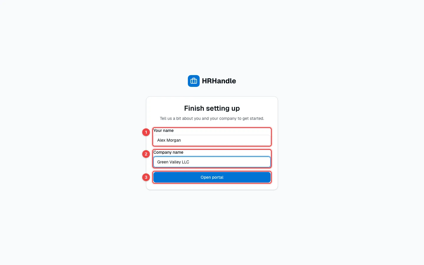 The Finish setting up page with the Your name and Company name fields