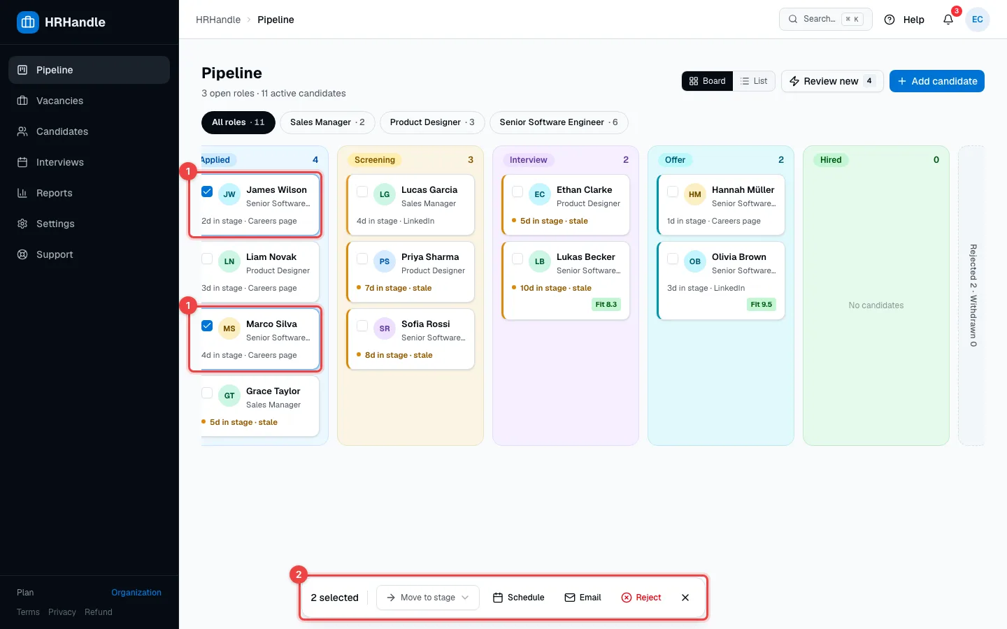 Two selected candidate cards and the bulk action bar at the bottom of the page