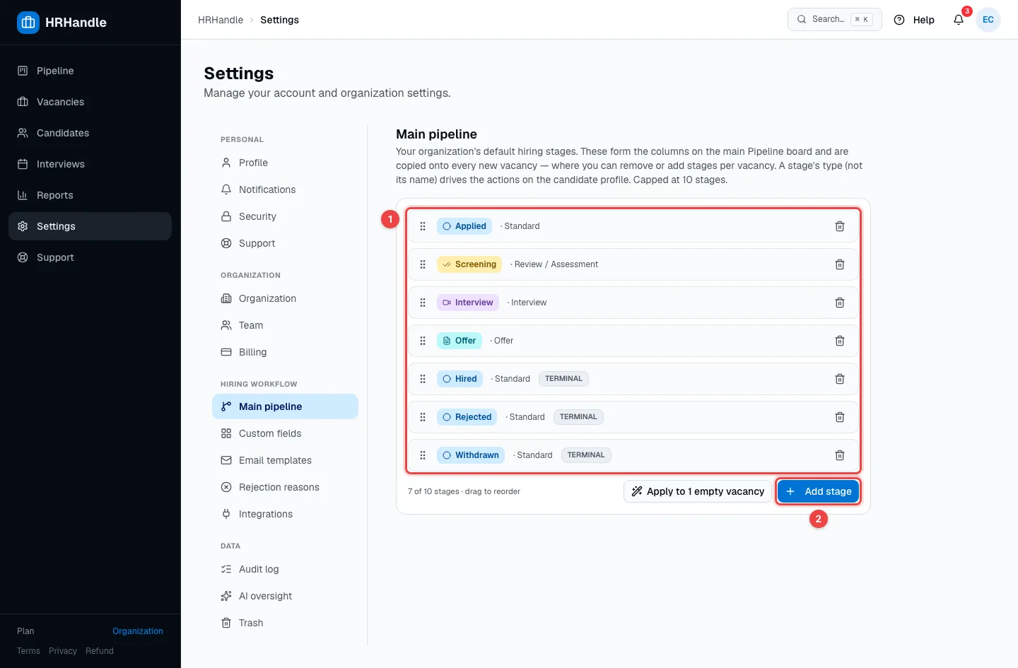 Main pipeline settings with the list of stages and the Add stage button highlighted