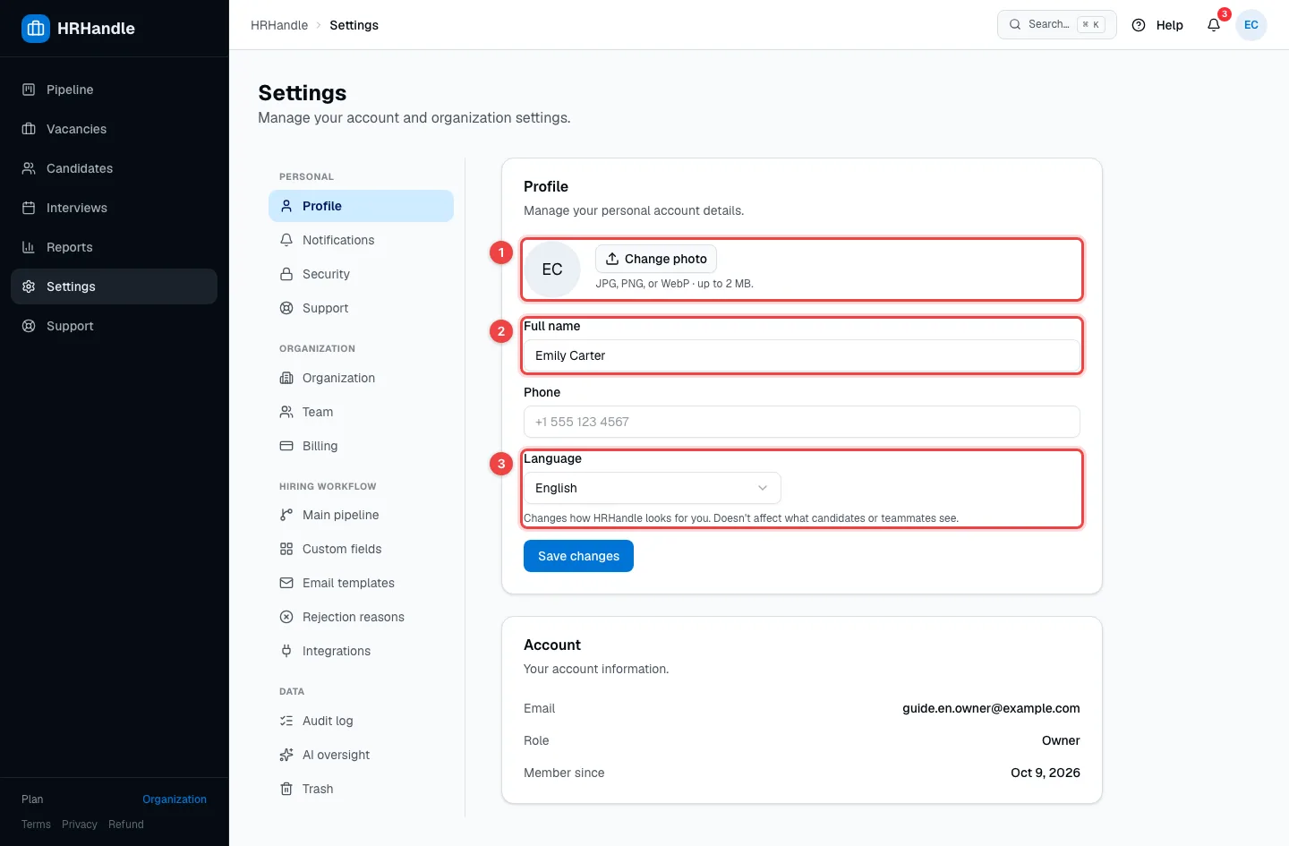 The Profile settings with the photo, Full name and Language fields highlighted