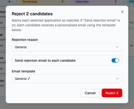 The dialog for rejecting two candidates with one reason and an email to each
