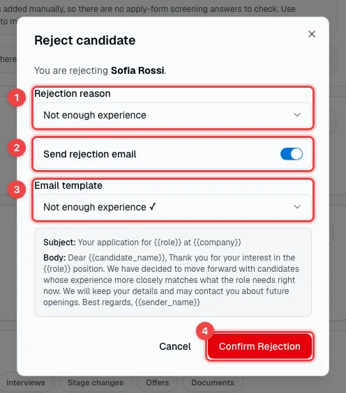 The Reject candidate dialog with the rejection reason, the email switch, the email template and the confirm button highlighted