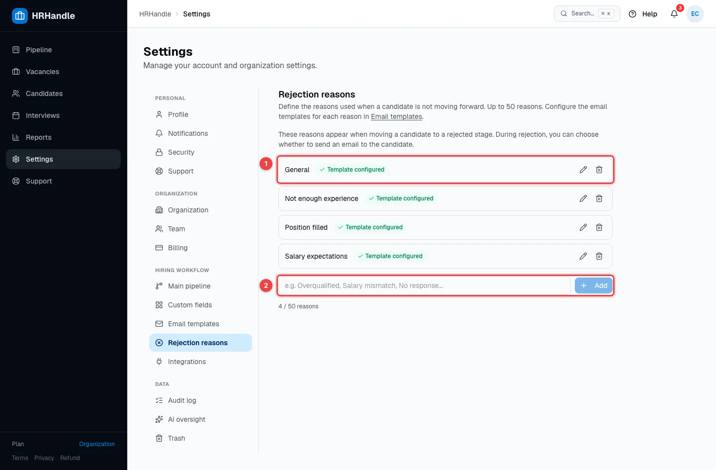 The Rejection reasons settings with a reason and the field for adding a new one highlighted