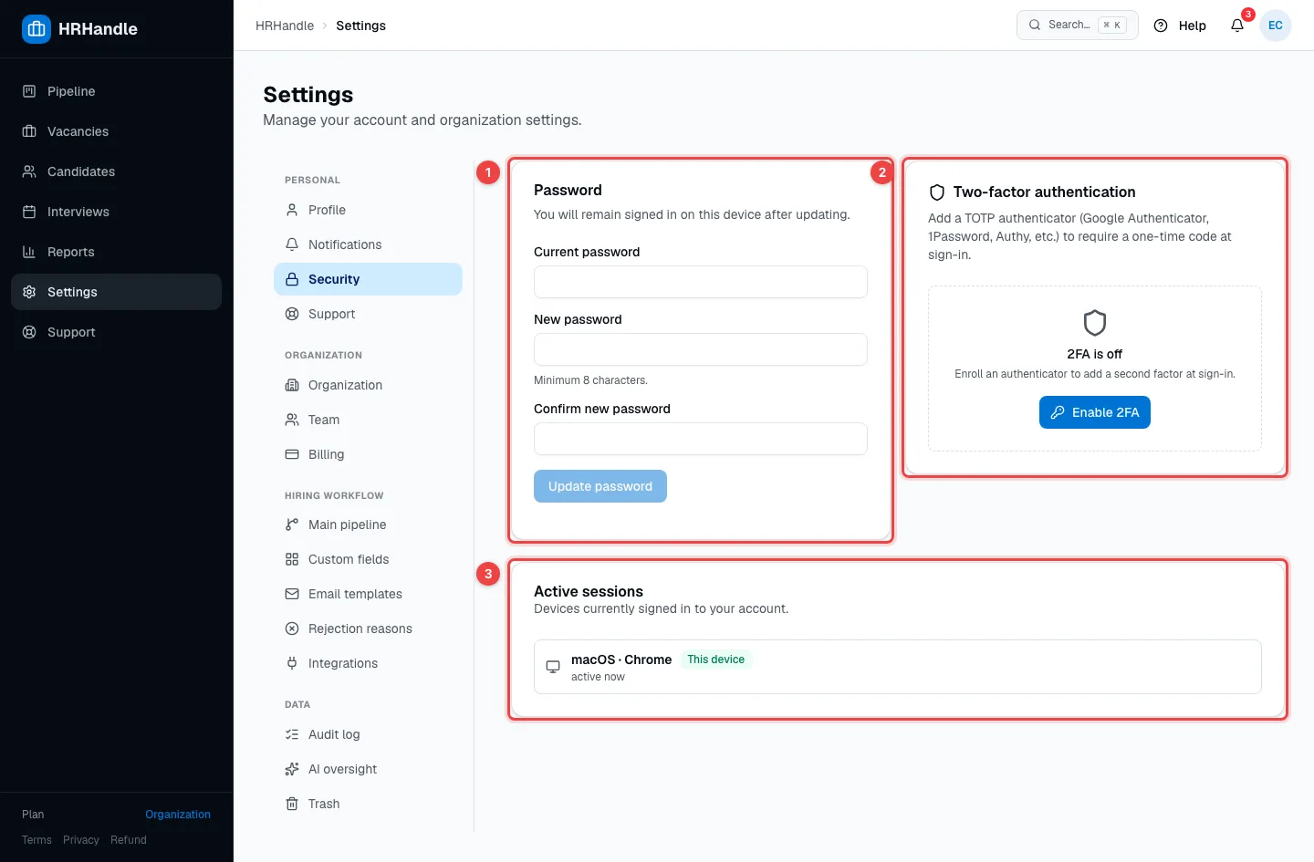 The Security settings with the Password, Two-factor authentication and Active sessions cards highlighted