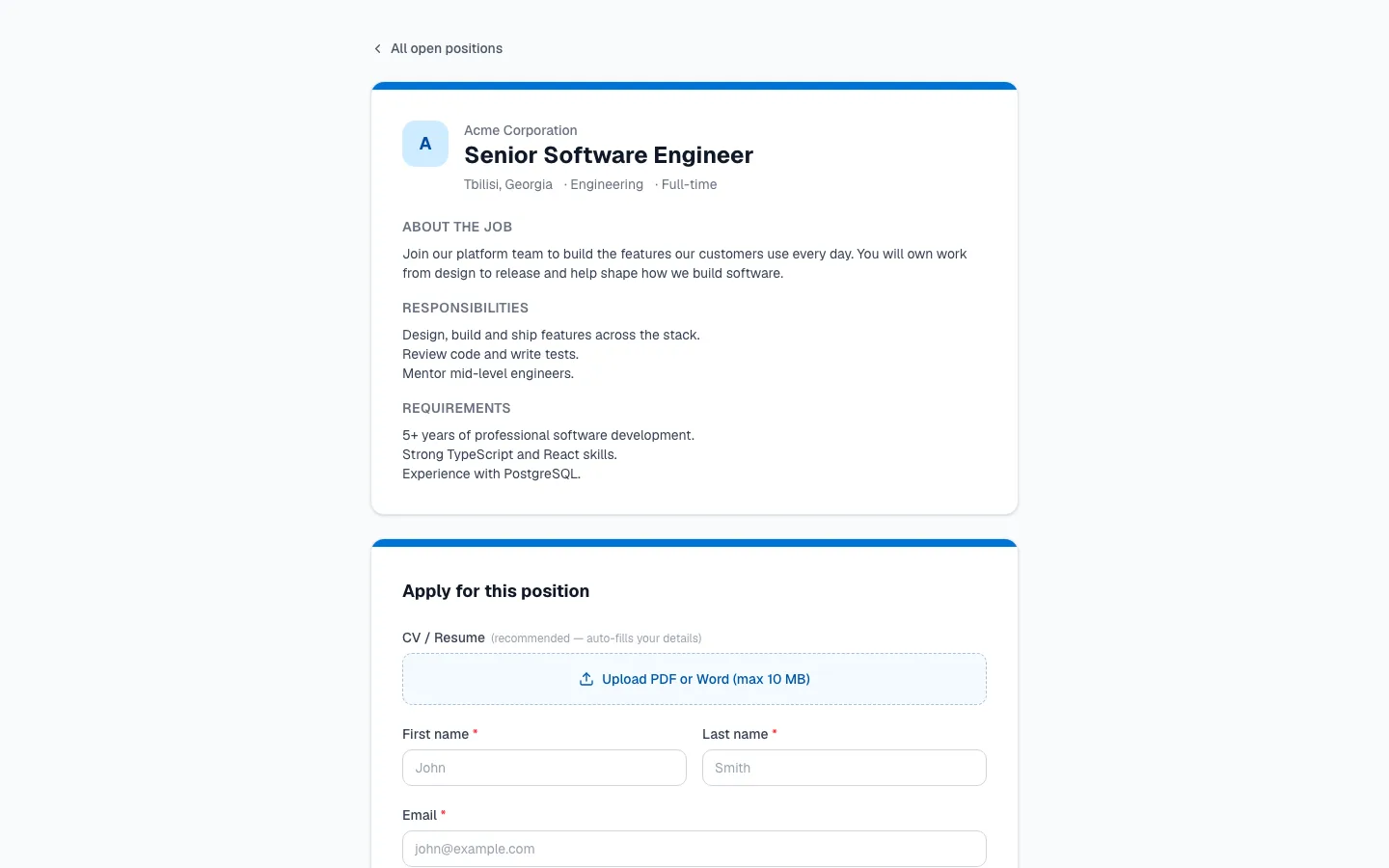 The public apply page of a vacancy with the company logo, the vacancy details and the job description