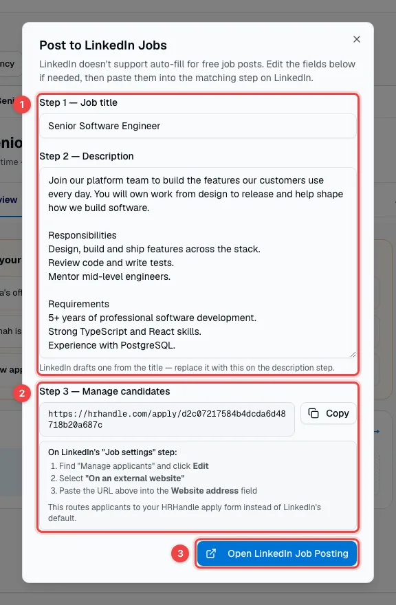 The Post to LinkedIn Jobs window with the job title, the description, the apply link and the Open LinkedIn Job Posting button highlighted