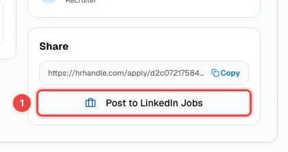 The Share box on a vacancy's Overview tab with the Post to LinkedIn Jobs button highlighted