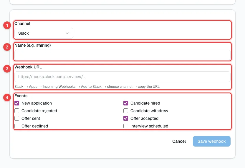The form for adding a channel with the channel type, name, webhook URL and events highlighted