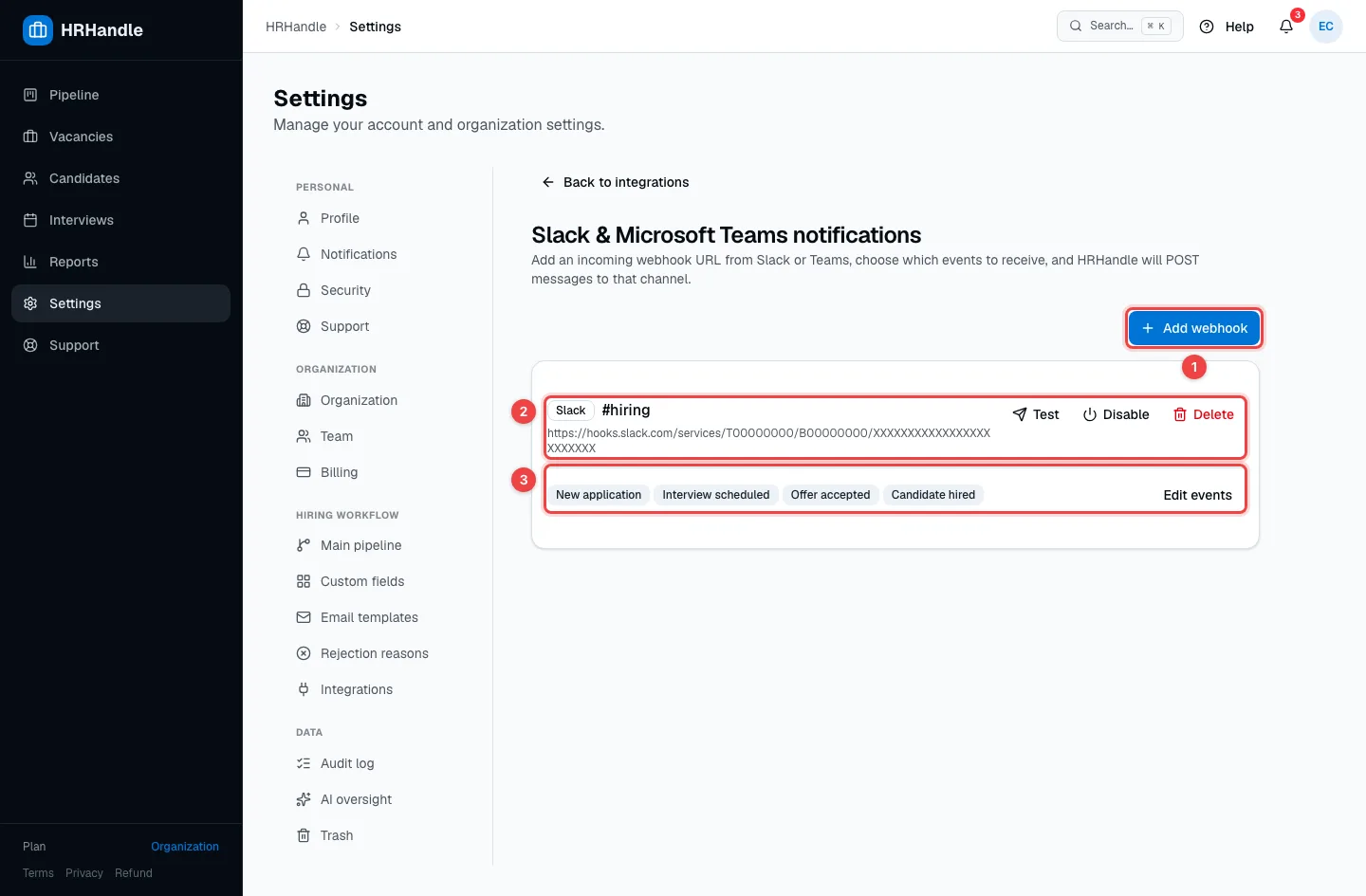 The Slack and Microsoft Teams notifications page with the Add webhook button, a connected Slack channel and its events highlighted