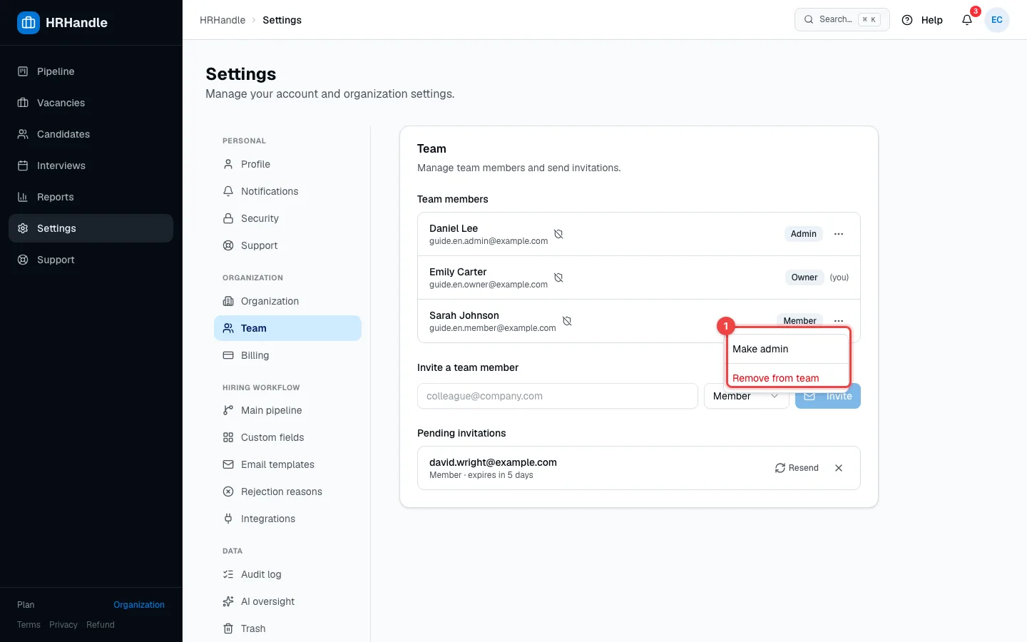 A teammate's menu with Make admin and Remove from team