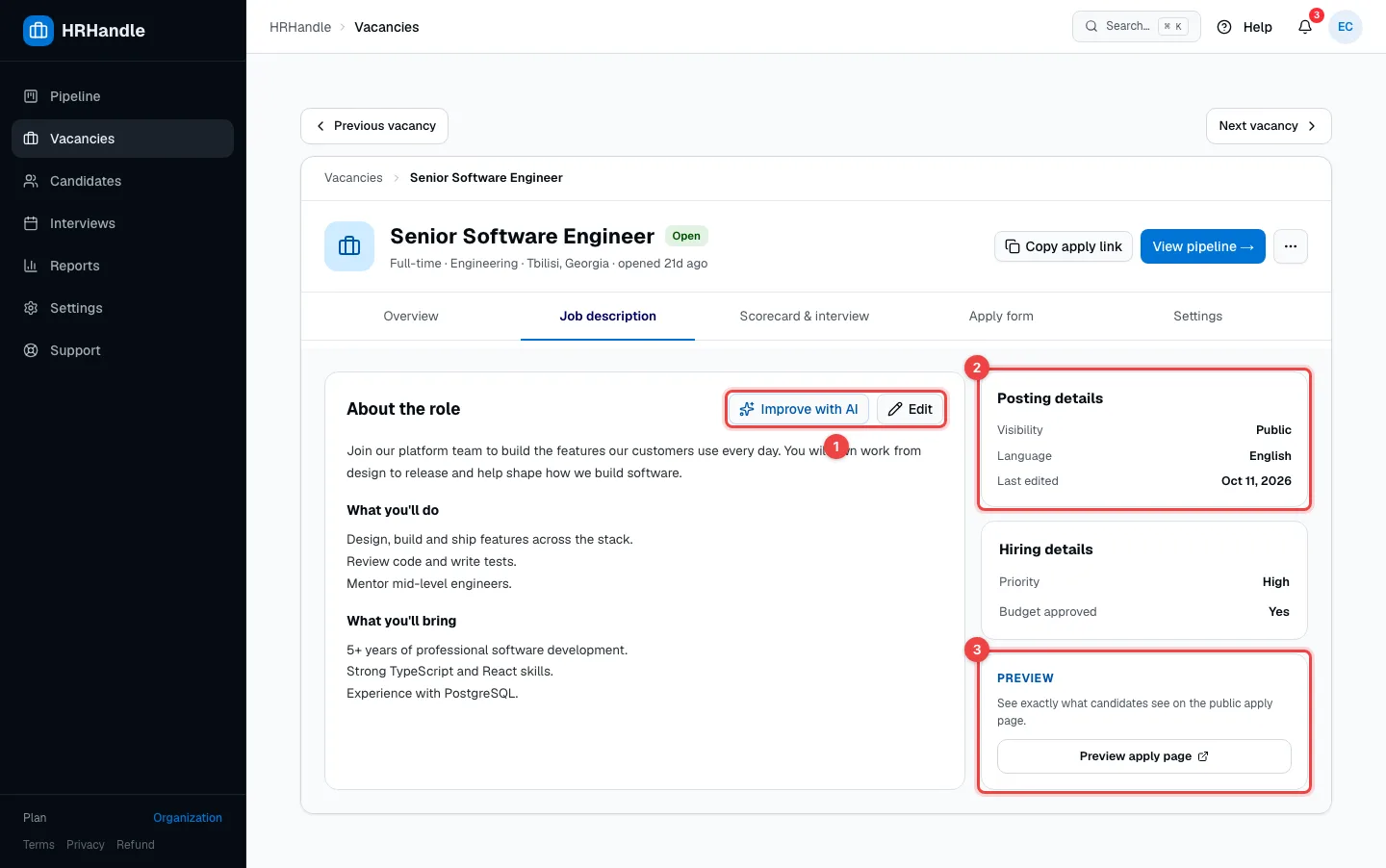 The Job description tab with Improve with AI and Edit, Posting details and Preview apply page highlighted