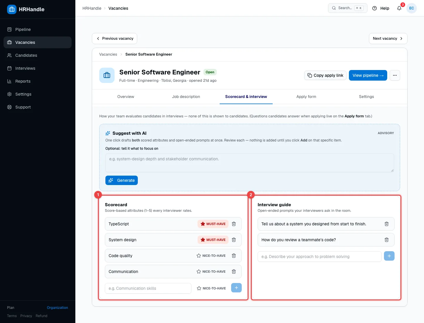 The Scorecard and Interview guide sections of the Scorecard & interview tab