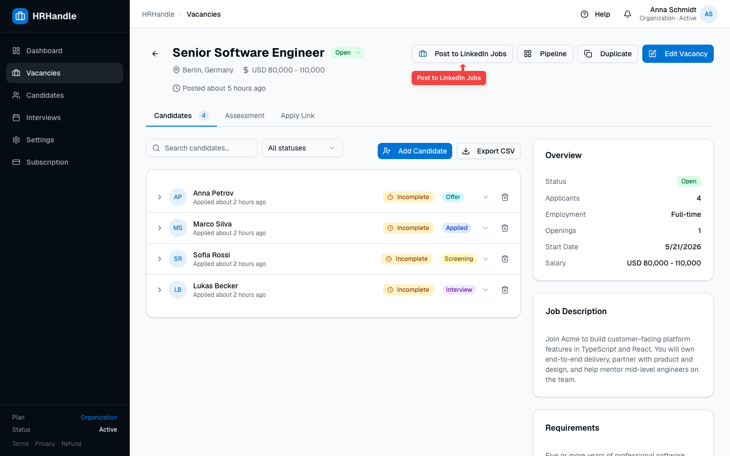 A vacancy detail page with the Post to LinkedIn Jobs button visible alongside Pipeline, Duplicate, and Edit Vacancy