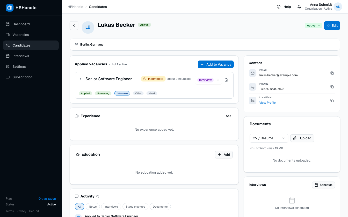The candidate detail page for Lukas Becker showing contact info, experience, and actions