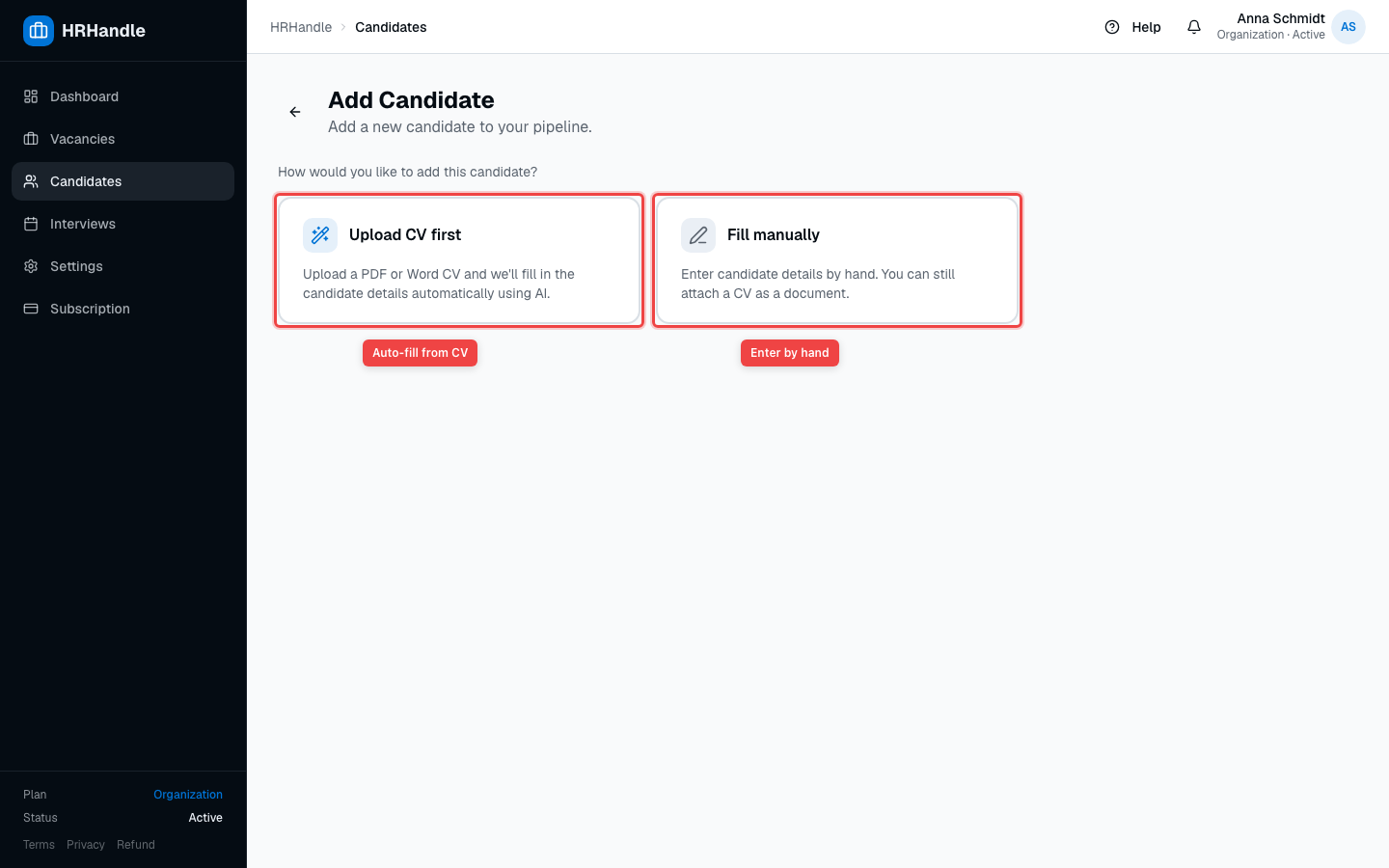 The Add Candidate page showing two options: Upload CV first or Fill manually