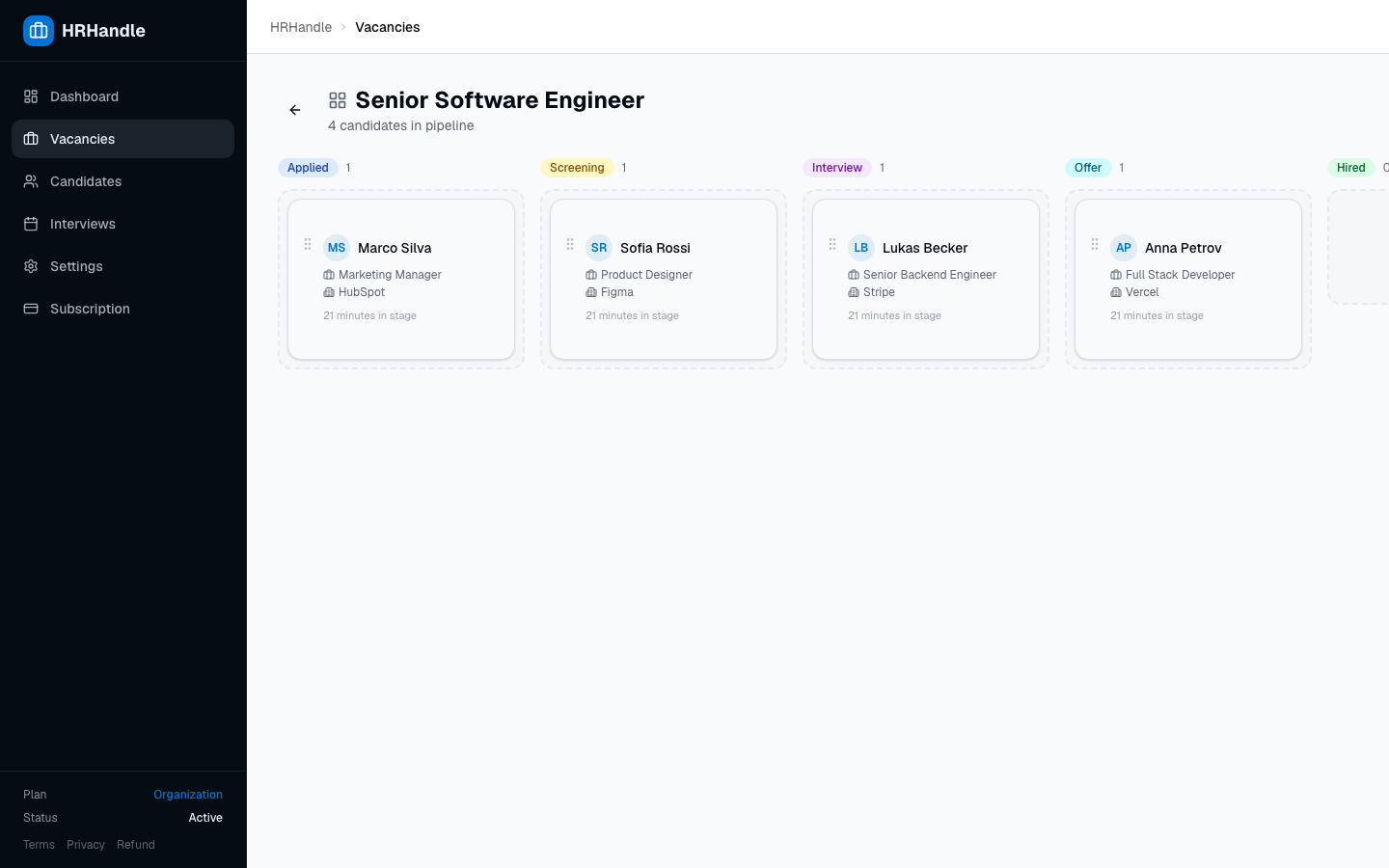 The pipeline Kanban board with applications distributed across Applied, Screening, Interview, Offer columns