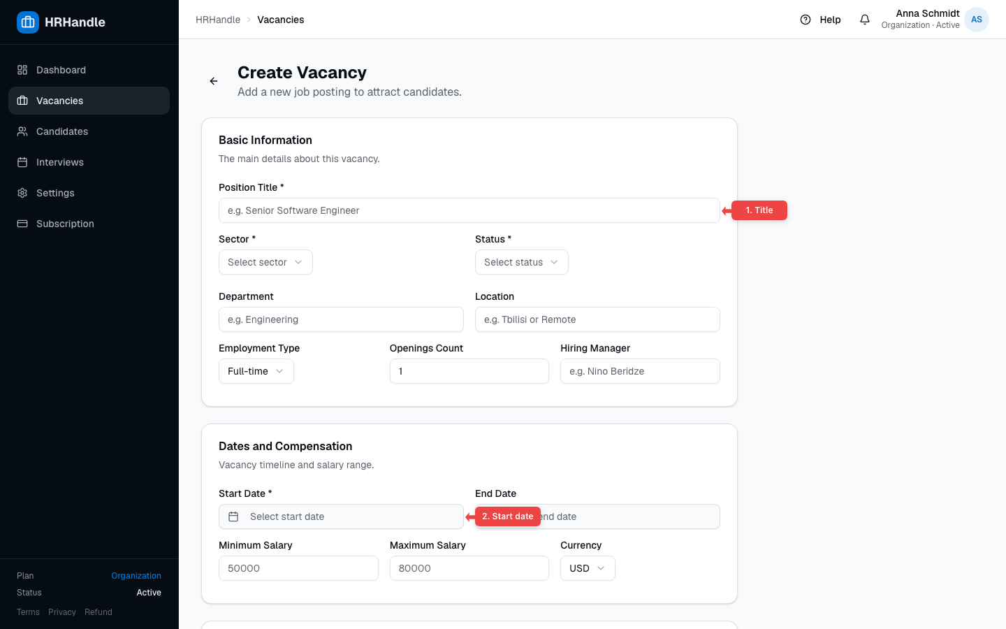 The vacancy creation form with title and start date fields highlighted